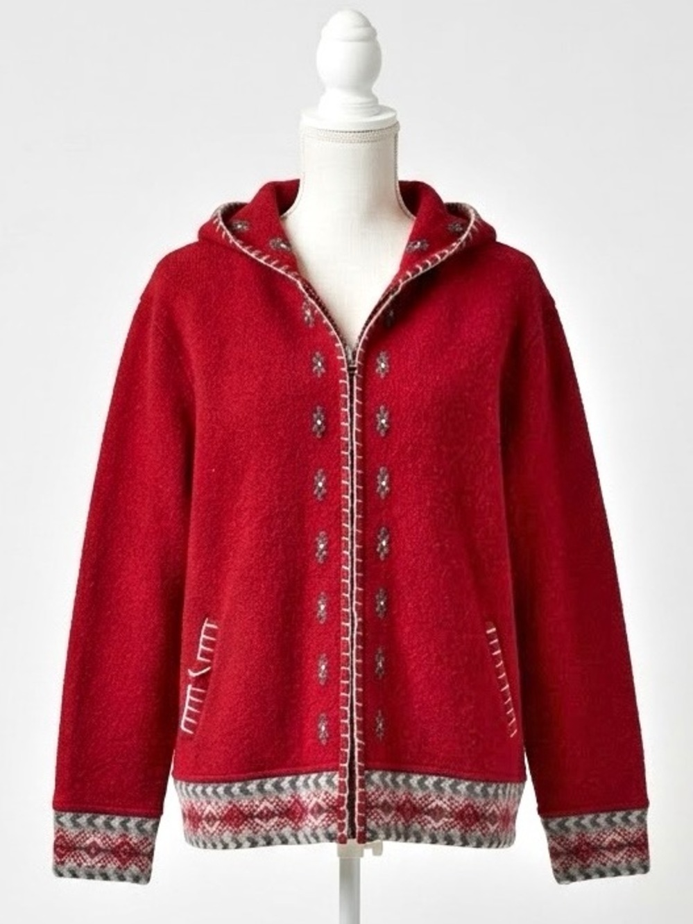 Woolrich 100% Boiled Wool Hooded Zip Cardigan Ruby Red Embroidered Fair Isle XL